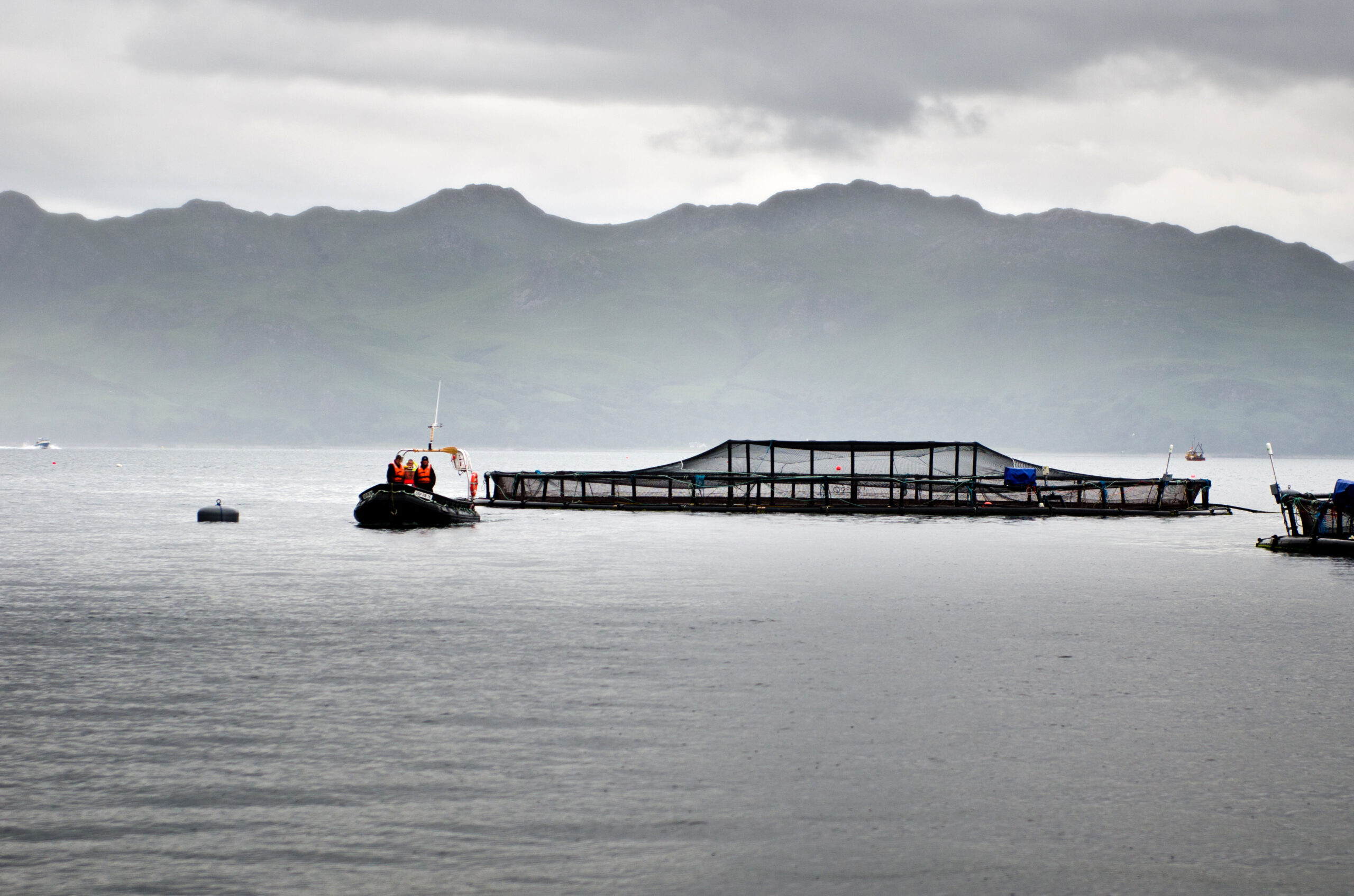 Engineers returning to shore in a dinghy after installing equipment at the Scottish Sea Farms Ltd salmon farm on Loch Nevis, near Mallaig, Highland. Picture Credit : Tim Winterburn / HIE