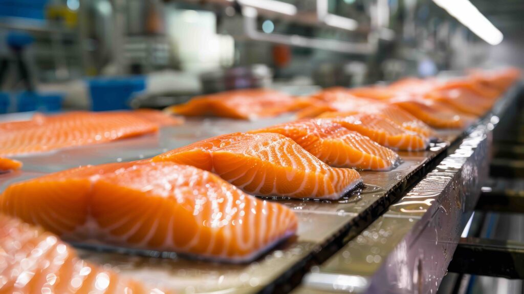 salmon fillets on production line