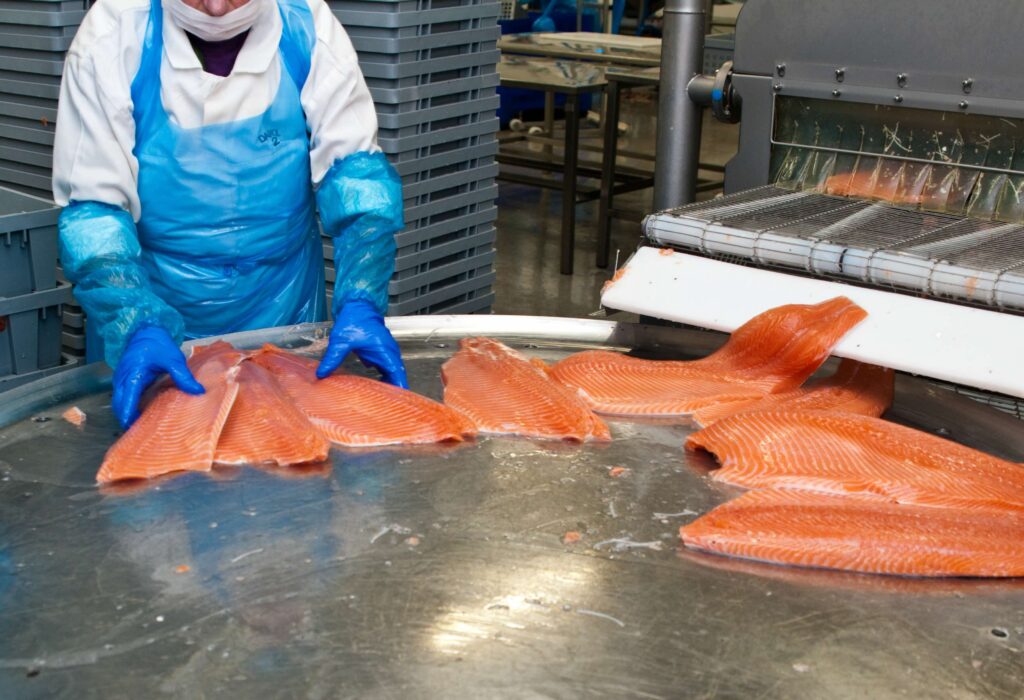 worker in apron cutting fish
