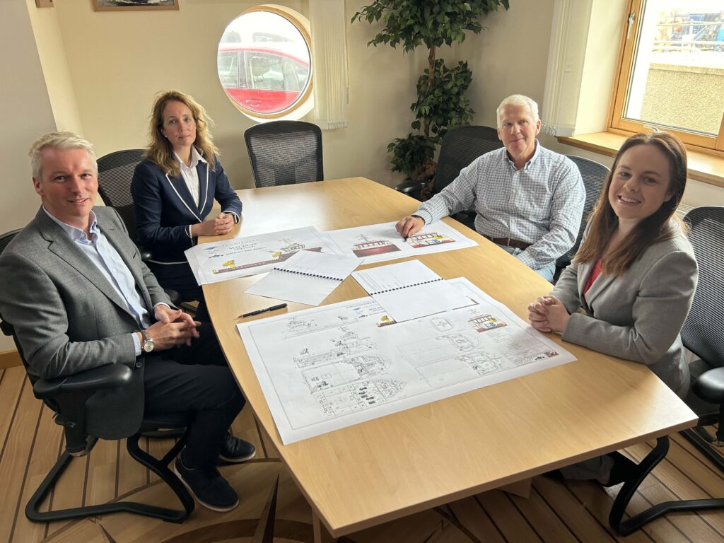 Inverlussa and Macduff sign workboat contract. From left: Ben Wilson (managing director, Inverlussa Marine Services), Naomi Knight (project co-ordinator, Inverlussa Marine Services), John Watt (managing director, Macduff Shipyards) and Deputy First Minister Kate Forbes MSP.  