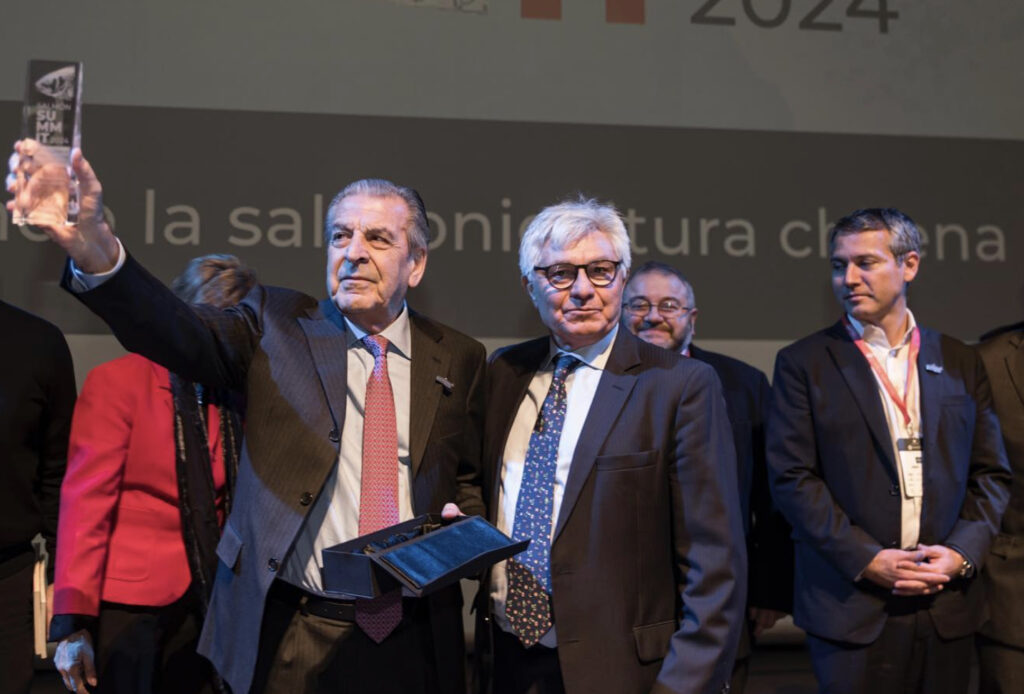 Salmon Summit 2024, Chile. Former President Eduardo Frei Ruiz-Tagle (left) with Arturo Clément, president of the Chilean Salmon Farming Association