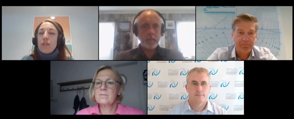 100% Fish webinar panel: (clockwise from top left) Alexandra Leeper, CEO Iceland Ocean Cluster; Ben Wiper, Founder and CEO, 3F Waste Recovery; Thor Sigfusson, Founder and Chairman, Iceland Ocean Cluster; David Naftzger, Executive Director, St Lawrence Governors and Premiers, Great Lakes; and Petra Weigl, Managing Director, Europe, with Regal Springs.