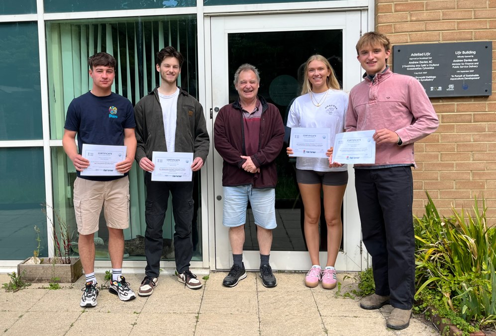 (L-R) Edwin Batchelor (Best Aquaculture Practical Report), Jack Van Eker (Best Aquaculture Dissertation), Prof Carlos Garcia de Leaniz (CSAR Director), Lottie Oulton and Ollie Duke (Best Welfare In Aquaculture Dissertations - joint award)