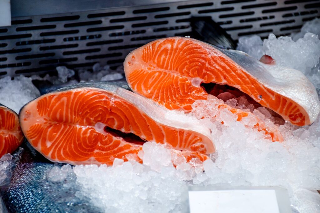 Fresh salmon steaks on ice