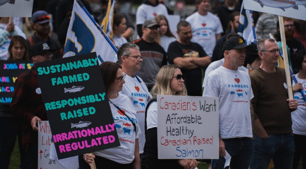 Salmon farm workers protest in Nanaimo, British Columbia (photo: Mowi)