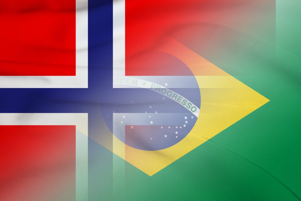 Norway and Brazil national flag international contract BRA NOR symbol country Brazil Norway patriotism. 3d image