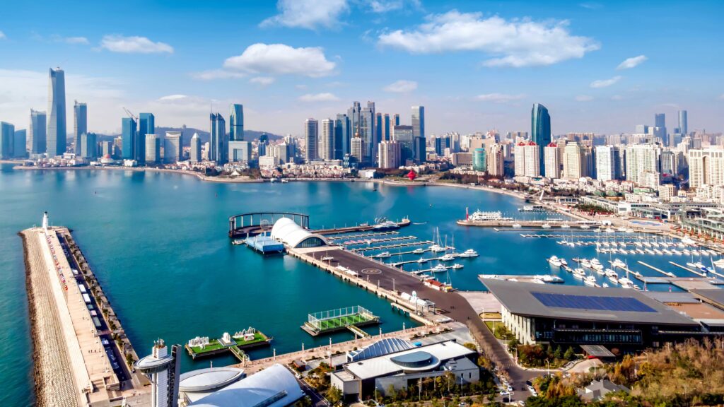 Chinese city and harbour by the sea