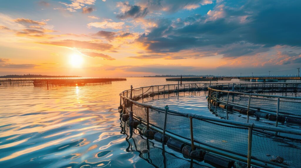 round fish farm cages in the sea, sunset