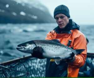 Farm worker holding salmon