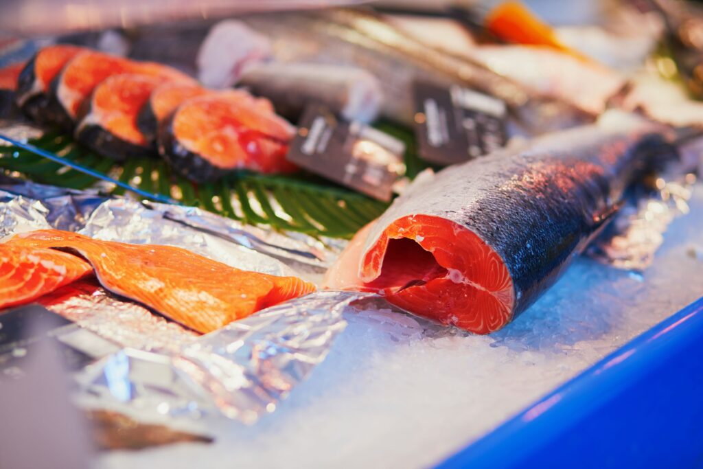 Delicious salmon on farmer market in Paris, France