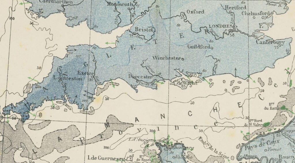 Section from 1871 map showing shellfish beds (marked in grey) off the south-west coast of England