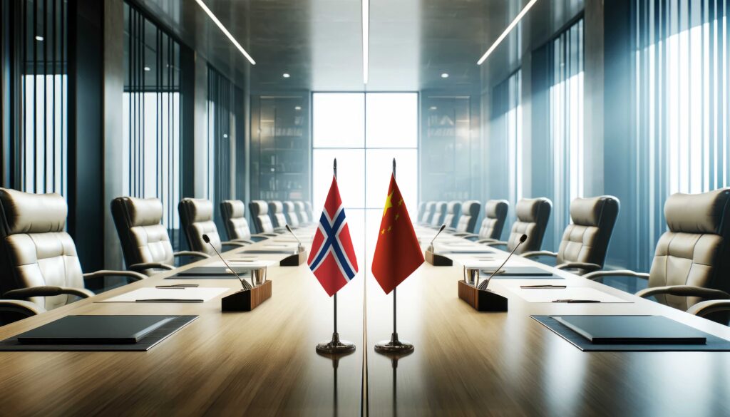 A modern conference room with Norway and China flags on a long table.