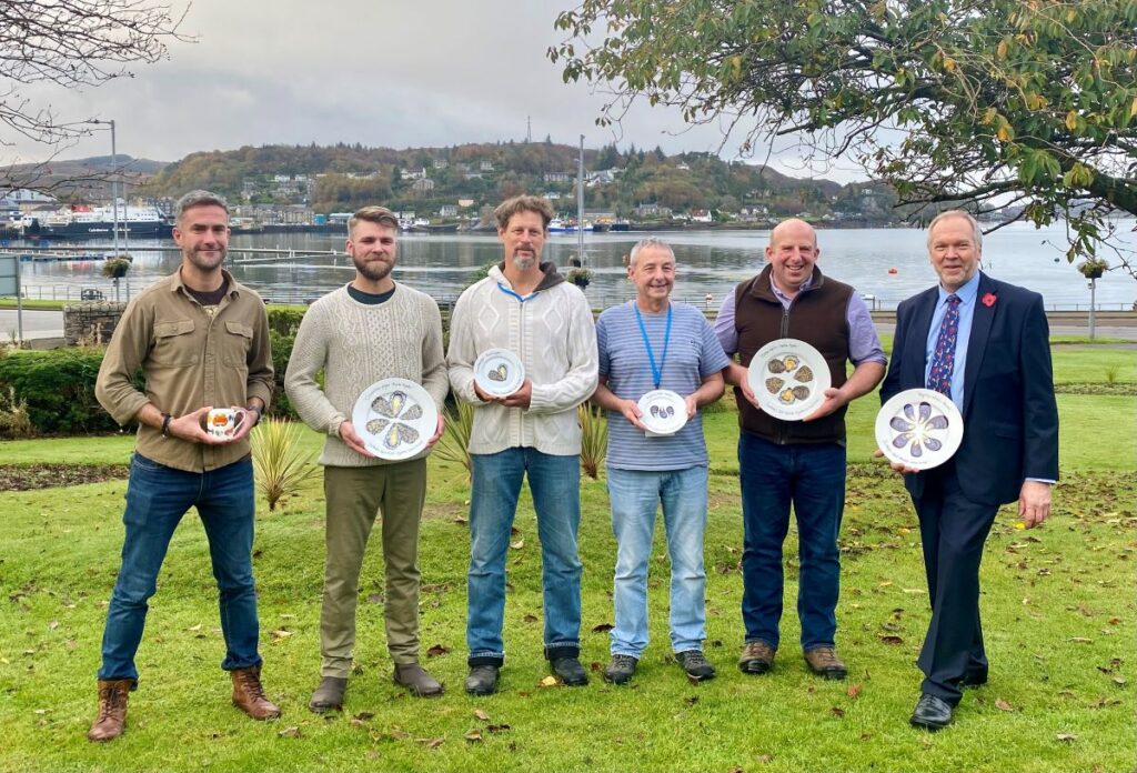 (From left) Tom Ashton; Swein Thomson; Lars Mack (Colonsay Oysters);  Andre Hughes, Loch Fyne; Craig Archibald; Nick Lake, ASSG, representing Inverlussa Shellfish