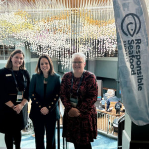 (from left) Deputy First Minister Kate Forbes, GSA’s Devan Meserve and Seafood Scotland Chief Executive Donna Fordyce